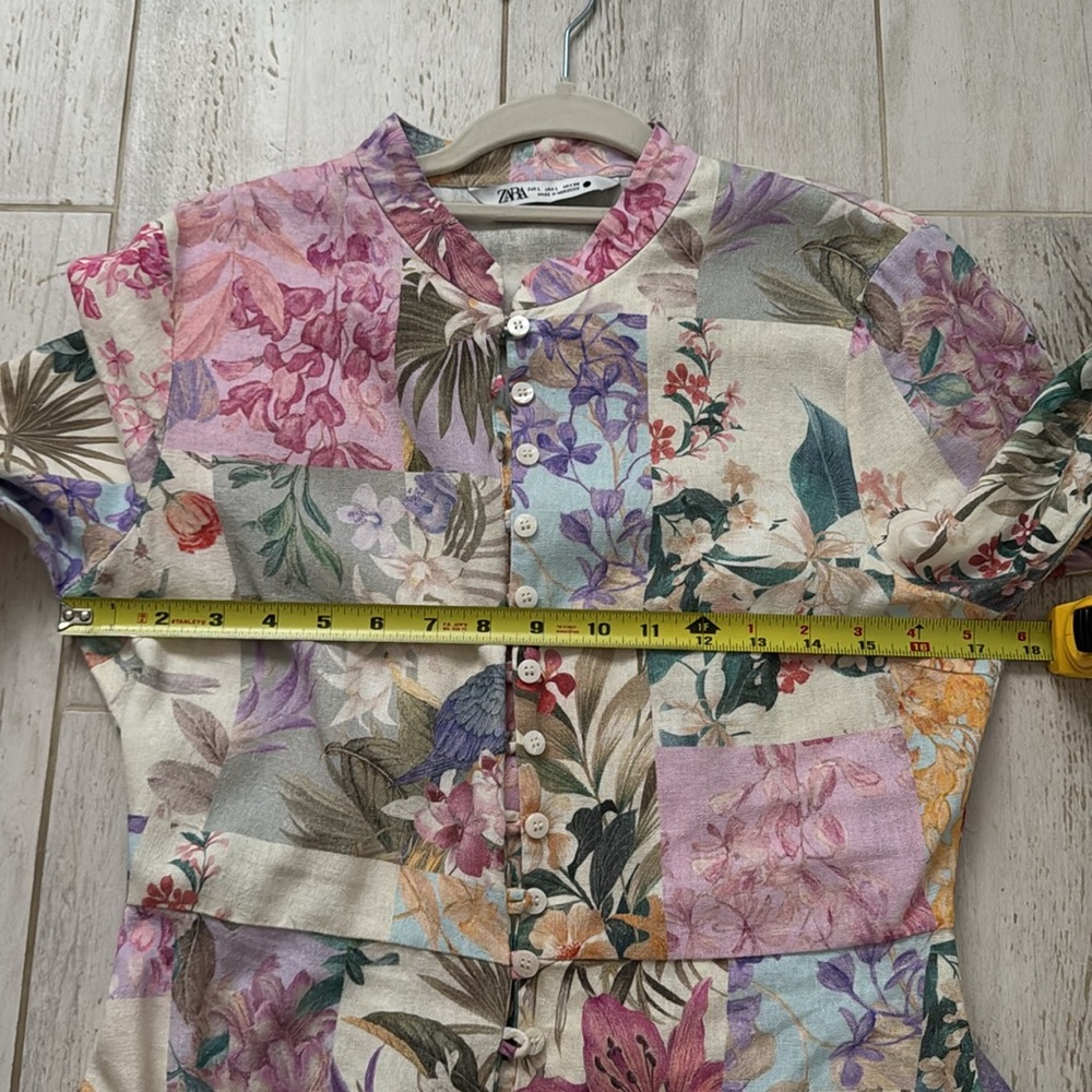 Zara Floral Parrot Button Up Belted Mini Linen Dress - Picture 6 of 9